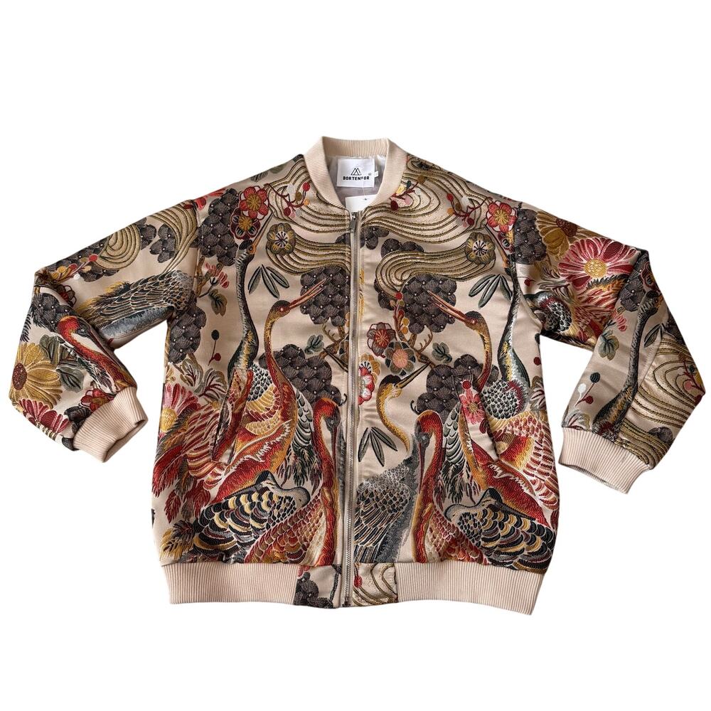 Crane Full Embroidery Bomber Jacket Men Spring Baseball Coat Sukajan 3XL fits Lg
